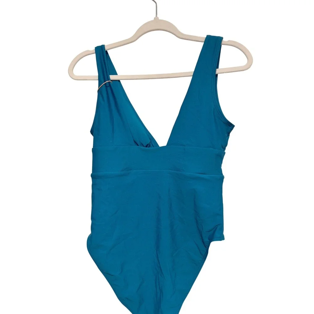 NWT Quince Italian Plunge One Piece Swimsuit, Lagoon Teal Blue, Sz M